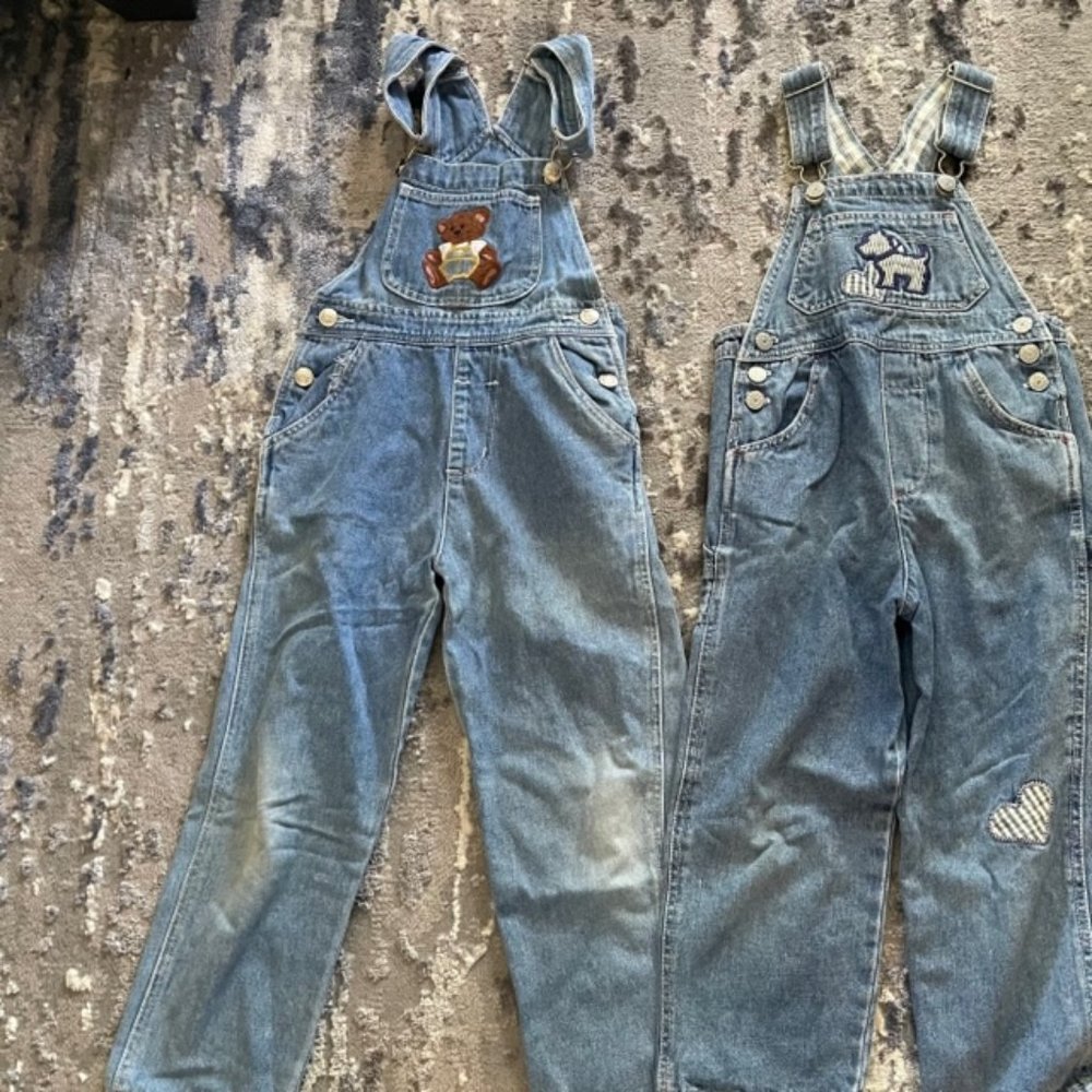Vtg New Legends D'Mode Girls Size 5 Overalls Denim Embroidered Bear Dog 80s 90s